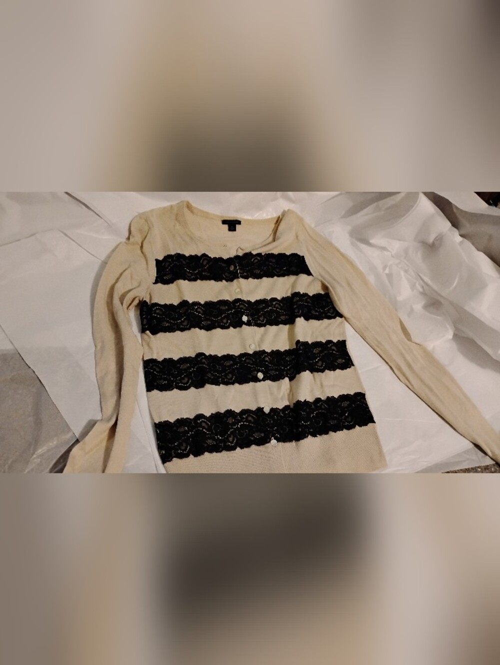 Ann Taylor Black Lace Embellished Button Up Cardigan. Beige. Size Medium